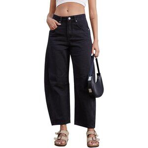 Women’s Baggy Wide Leg Mid Rise Cropped Denim Jeans with Pockets